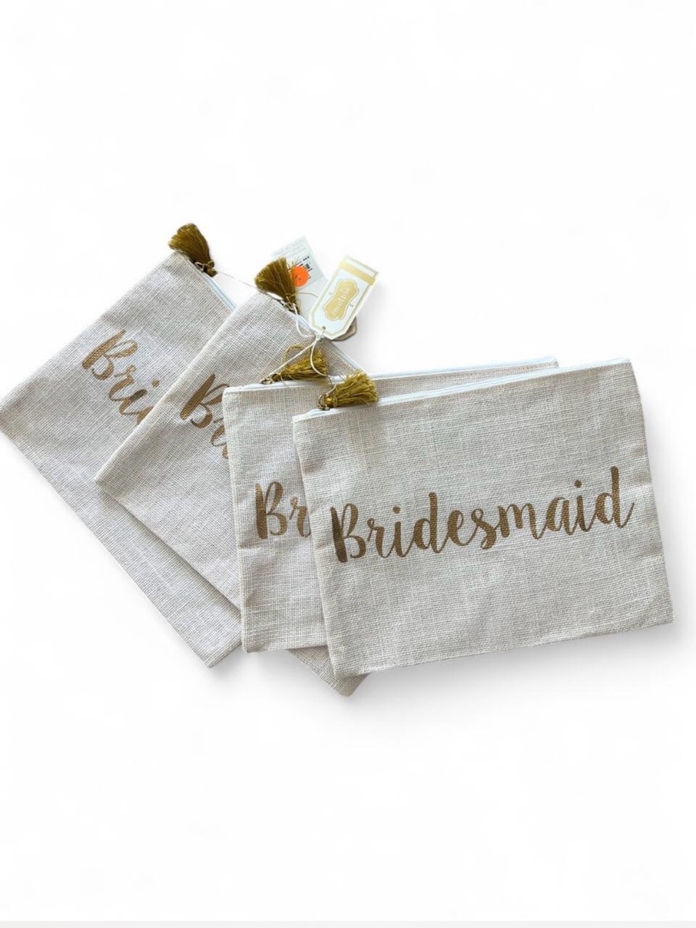 Mud Pie Set of 4 NWT Gold "Bridesmaid" Burlap Zipper Pouches Tassel Carry All